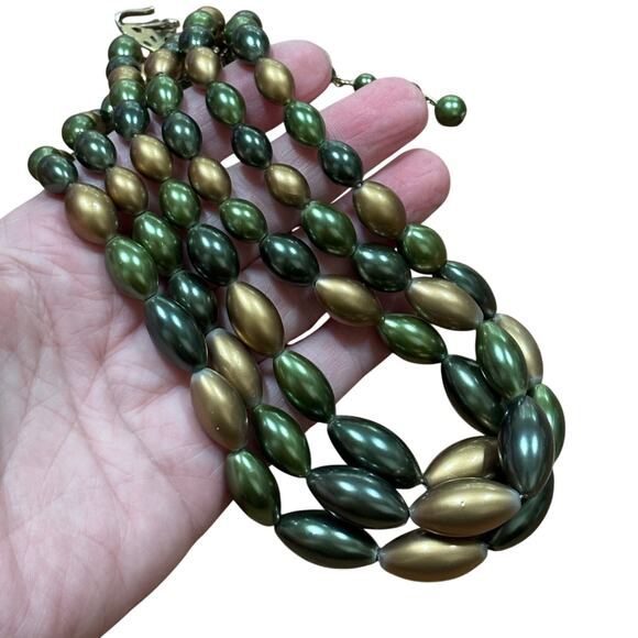 Vintage mid century multistrand choker necklace 50's green & gold beads beaded - Picture 2 of 5